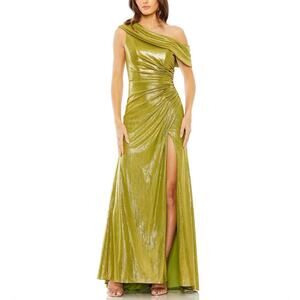 Mac Duggal 27152 Women's Formal Dress Size 4 Green Metallic One Shoulder Gown
